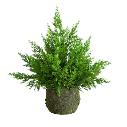 Nearly Natural 18" Unlit Artificial Real Touch Winter Cypress Bush in Moss Planter in Green | Michaels®